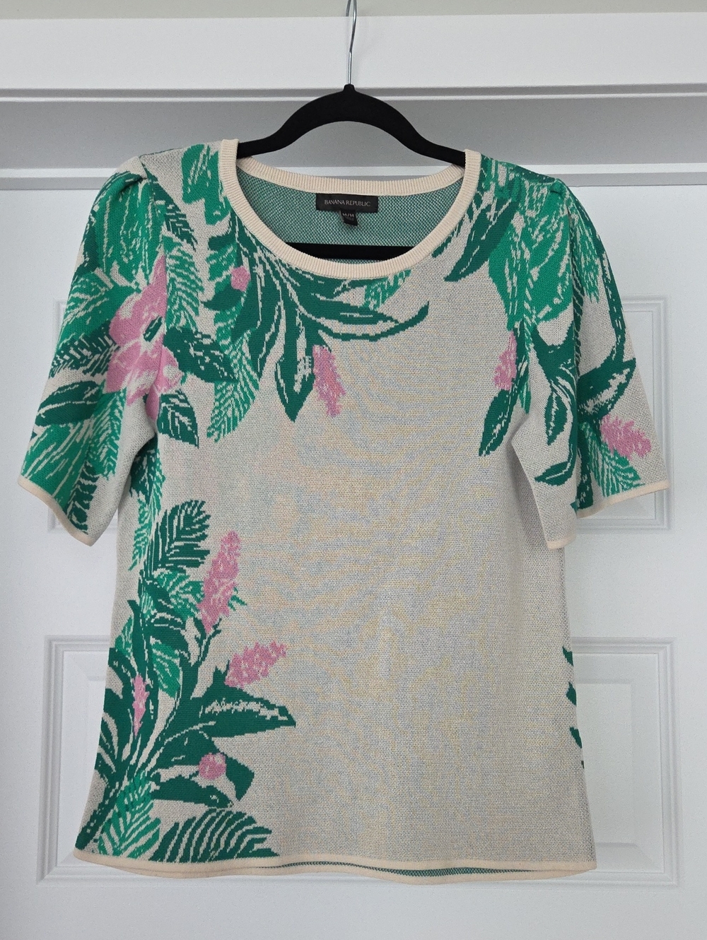 Banana Republic Cream Knit Short-Sleeve Top with Green & Pink Floral Print